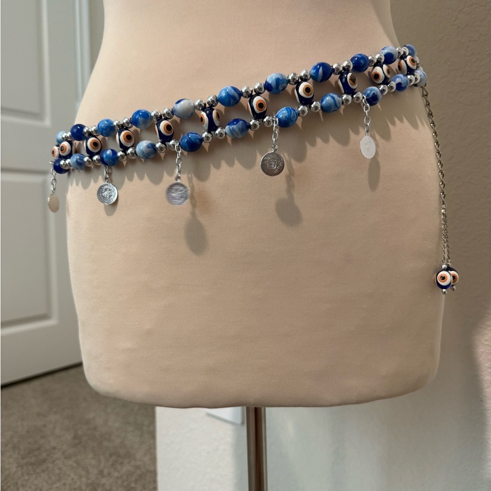 Vintage Blue Evil Eye Beaded Belt with Silver Accents w/ Matching Bracelet